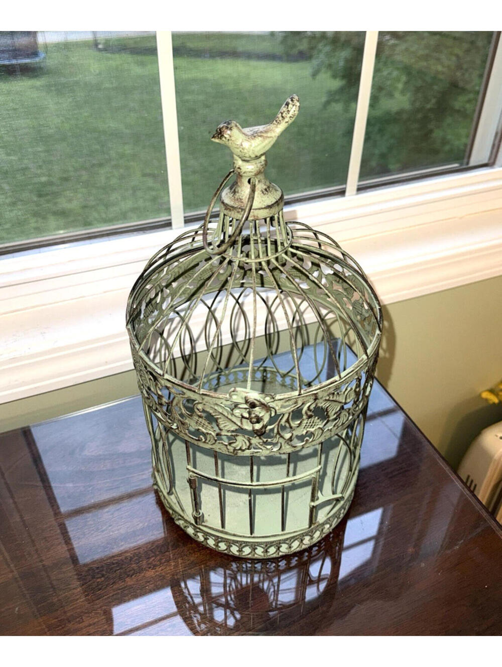 Sage Metal Birdcage w/Hinged Top & Bird Decorative cottagecore Shabby Chic